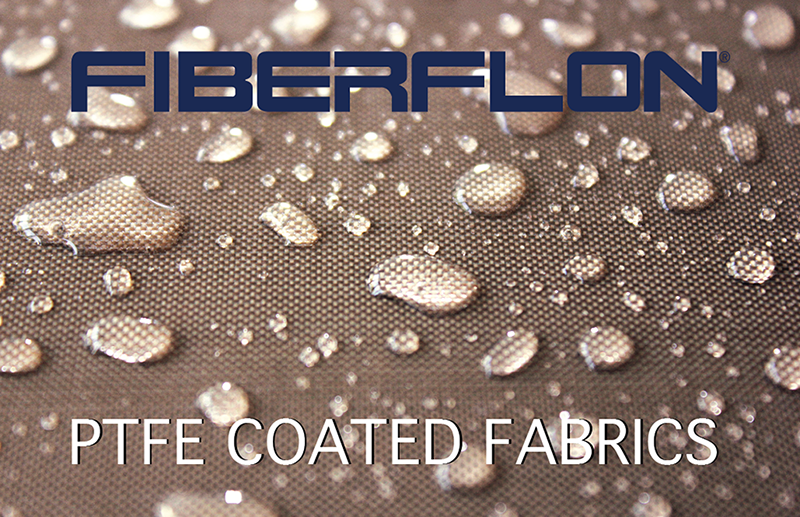 Närbild på PTFE-coating med några droppar på ytan. Bilden är dekorerad med Fiberflons logotyp samt texten "PTFE COATED FABRICS".