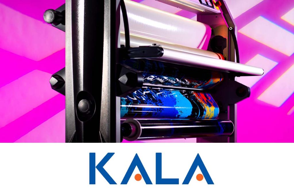 Närbild på en laminator från Kala. Bilden är dekorerad med Kalas logotyp.