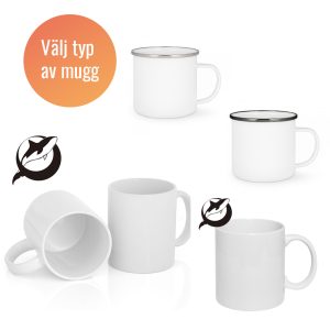 En bild med fem vita muggar, varav två är emaljmuggar och tre är porslinsmuggar. Det finns en orangea bubbla där det står: "Välj typ av mugg".