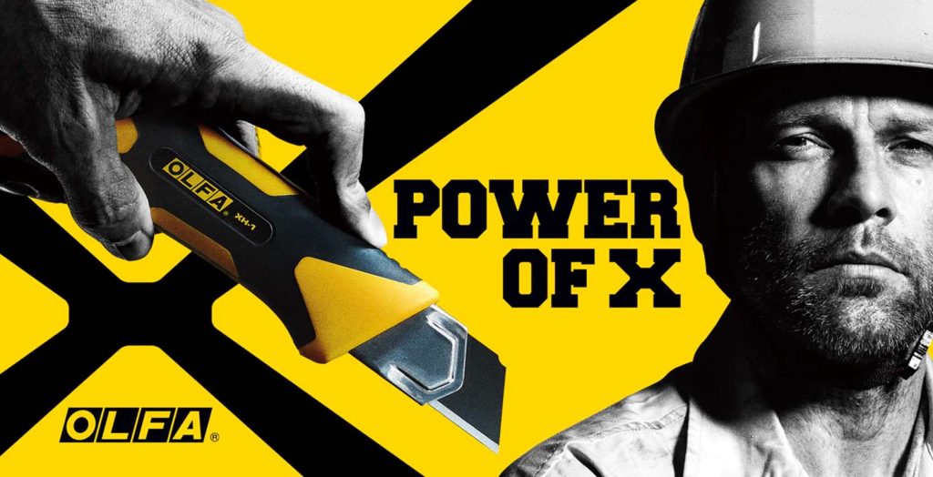 En bild med gul bakgrund med texten "Power of X". En OKI-kniv i vänstra hörnet med Oki's logotyp, samt en man i arbetskläder i svartvitt.