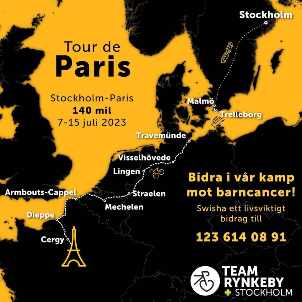 En bild på en karta som visar hur Team Rynkeby Stockholm ska cykla för att komma till Paris.