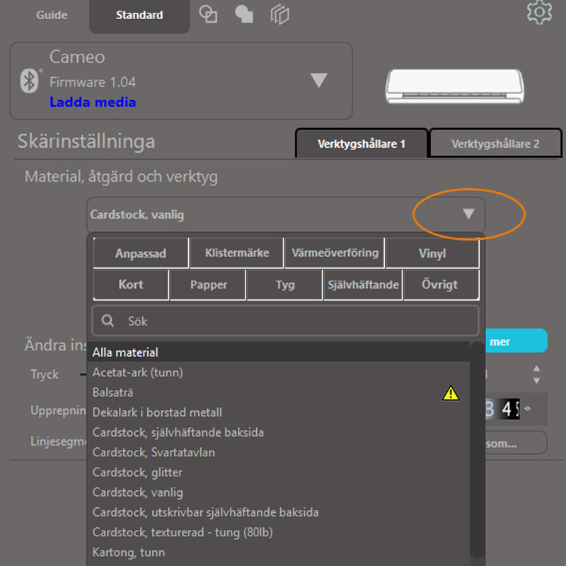 Silhouette Studio - inställning material