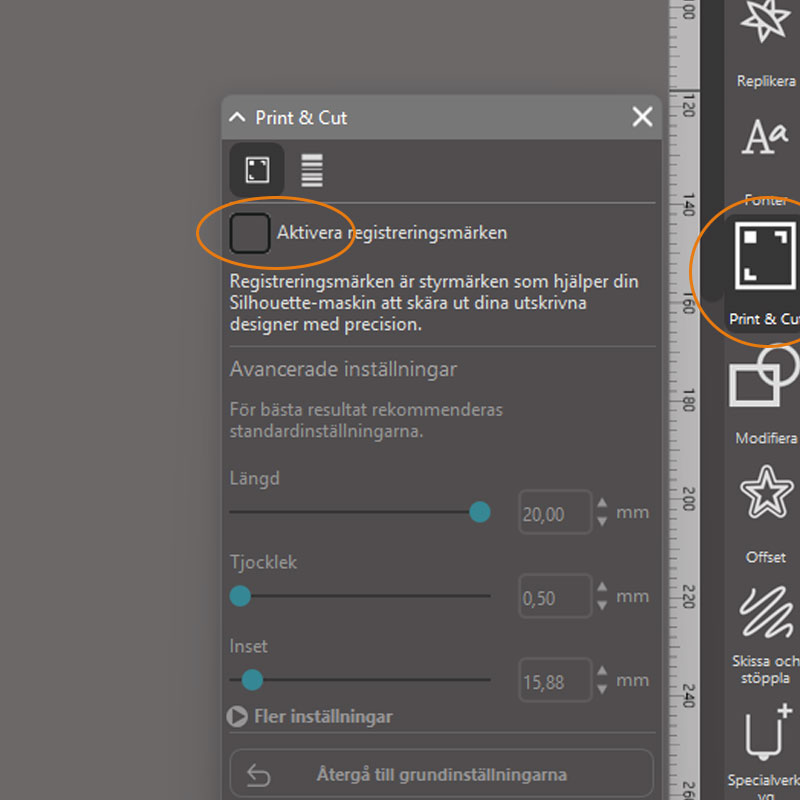 Silhouette Studio - inställning registreringsmärken